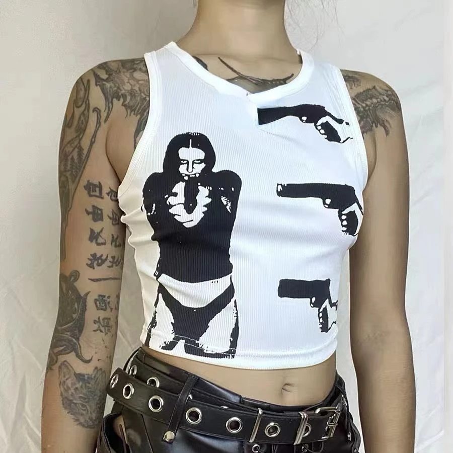 American retro portrait printed round neck sleeveless camisole 2024 hot girl exposed navel slim slimming y2k top tank top women