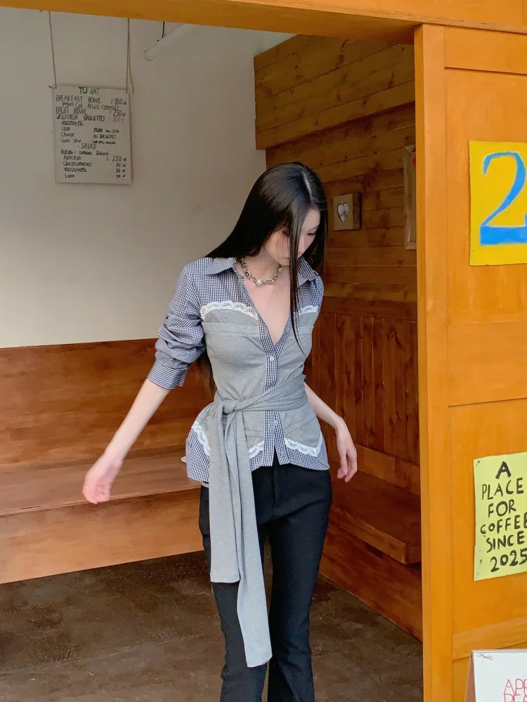 الرجعية Y2K منقوشة الدانتيل بألواح الرباط ضمادة رمادي قميص المتخصصة Preppy القمصان والبلوزات Harakuju الخريف الملابس النسائية الجديدة #6