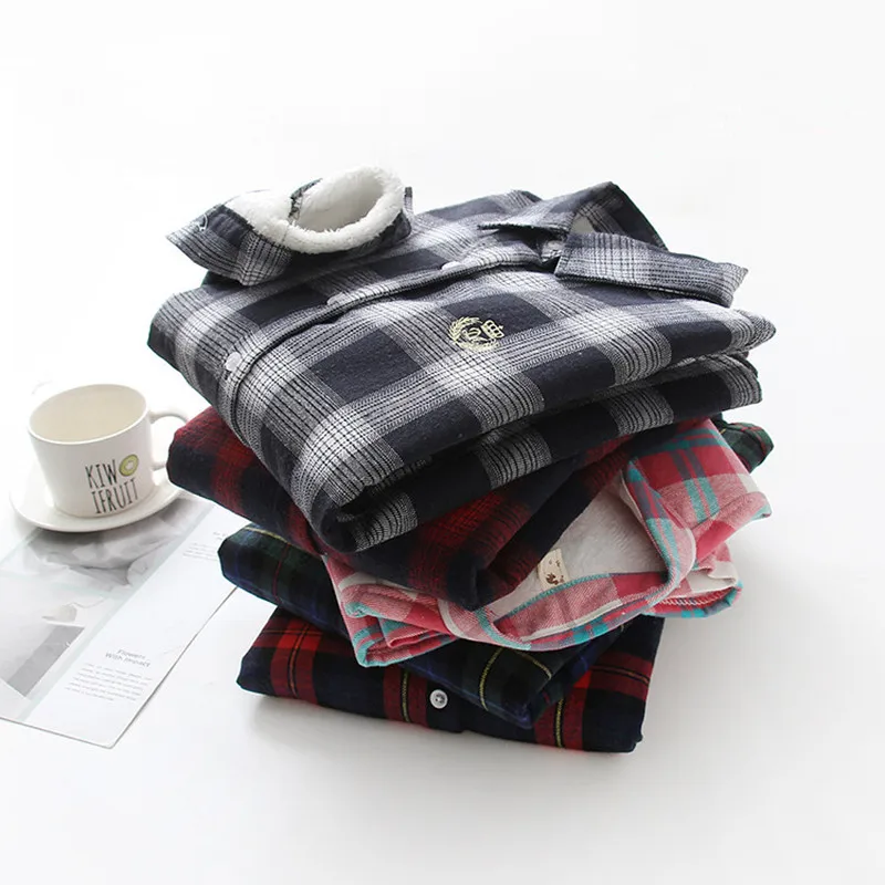 Women's Long Sleeve Plaid Shirts, Cotton Shirt with Velvet, Warm Blouse, Female Thick Cotton, Casual, Autumn, Winter