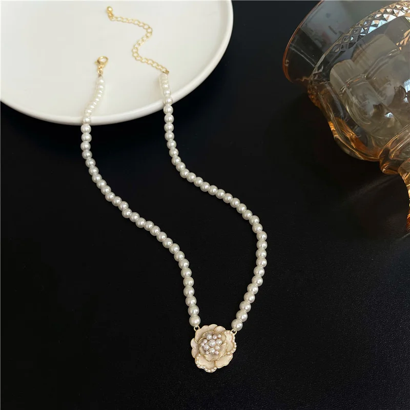 Camellia Pearl Necklace Women's Clavicle Chain Choker Korean Dongdaemun Same Style