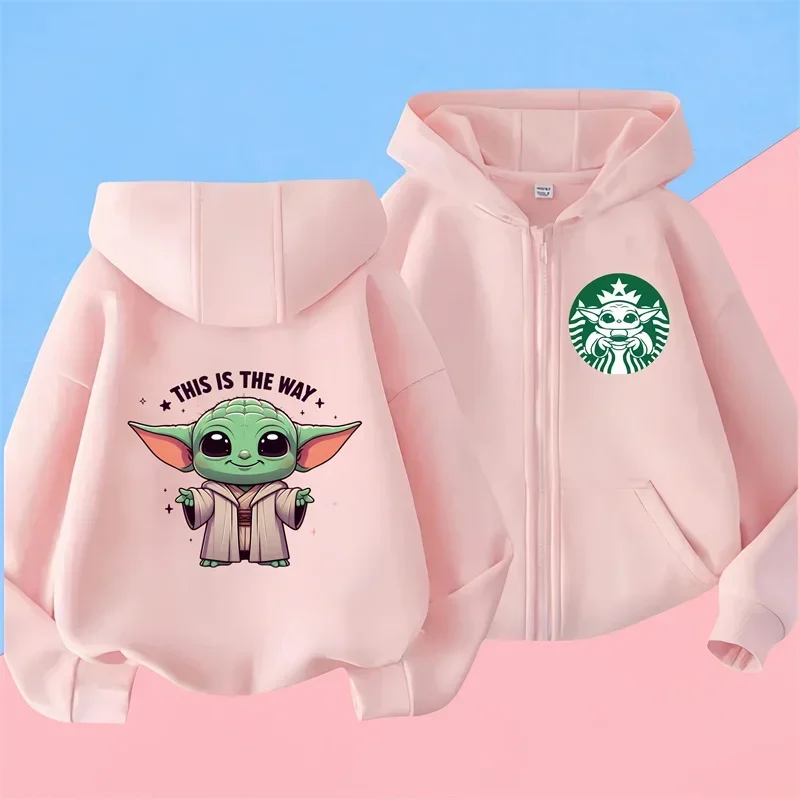 Kawaii Disney Cartoon zipper hoodie Mandalorian Yoda Kawai Star Wars Gothic Kids hoody Boys Top Loose Girls Hippie hoody top