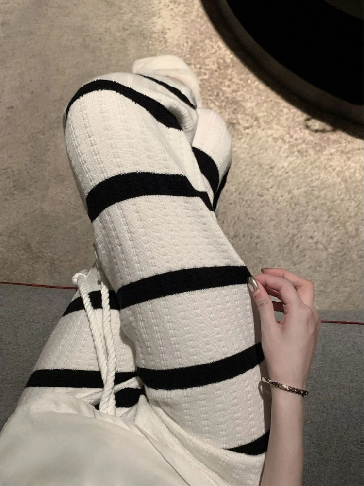 American retro spicy girl striped knitted wide leg pants autumn and winter Y2K women's high waisted commuting trend loose pants