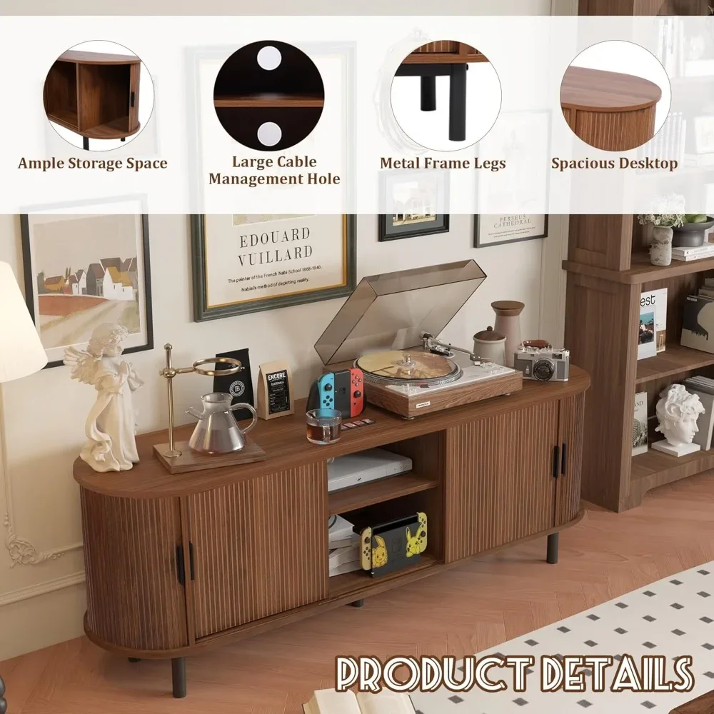 63" Fluted TV Stand for 65/70 Inch, Mid Century Modern Console With Sliding Doors, Curved Gaming Entertainment Center