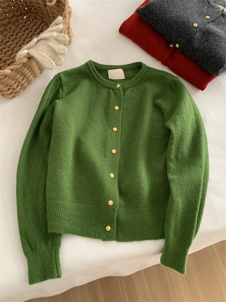 French Elegant Small Gold Button Knitted Cardigan 2024 Autumn/Winter Women's Green Round Neck Sweater Loose All-matched Jacket