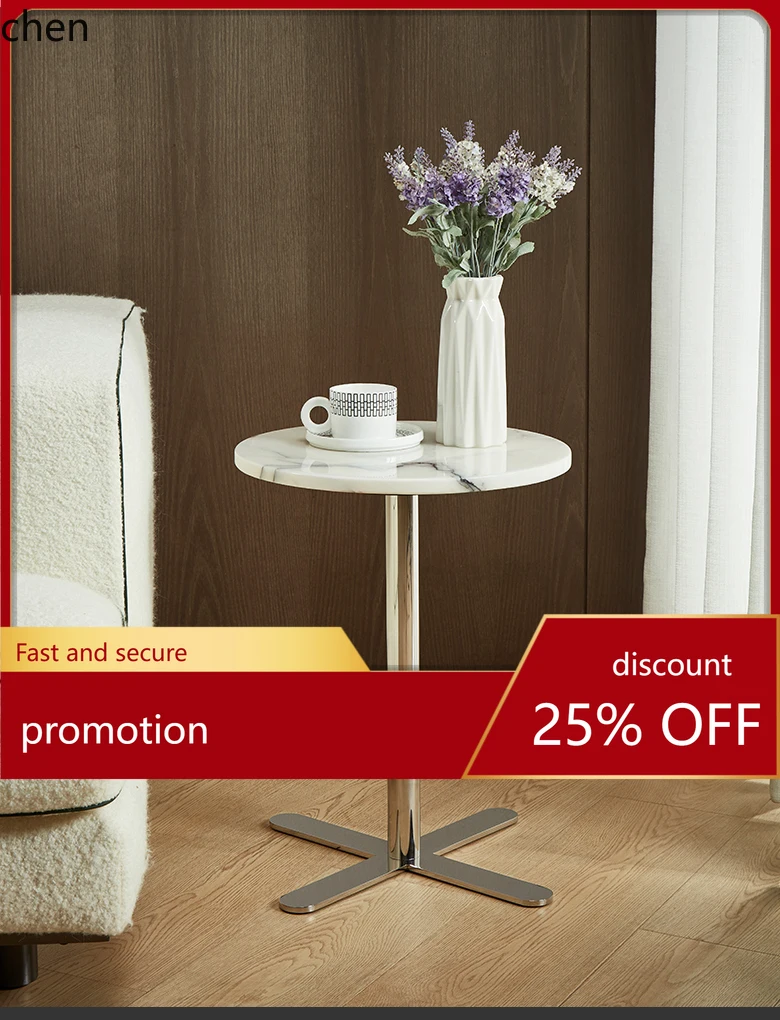 

HTT Natural Luxury Stone Marble Corner Table Minimalist Living Room Sofa Side Table Balcony Stainless Steel Small Round Table