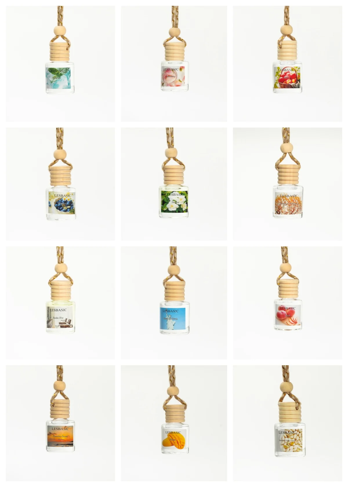 Mini Glass Bottle Hanging Car Air Freshener Long Lasting Car Diffuser Perfume Ornament 64 Optional Fragrances Vintage Floral Label Wooden Cap Hanging Auto Rearview Mirror Fragrance Decor Home Wardrobe Closet Deodorant
