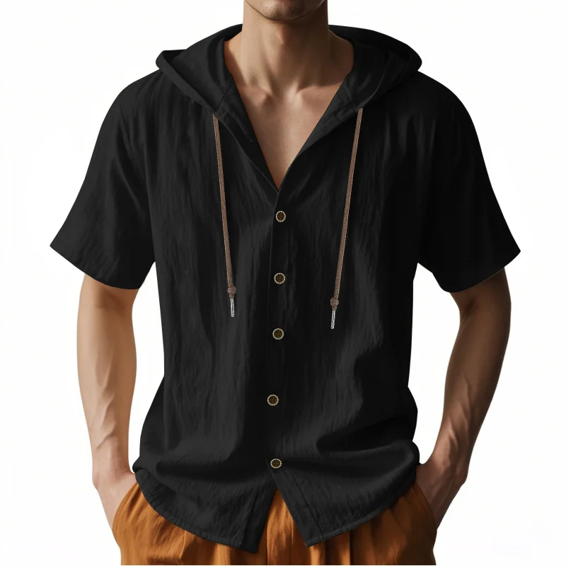 American Amekaji Hooded Short Sleeve Shirt, Thin Breathable Linen, Loose Casual Top for Men, Summer Style