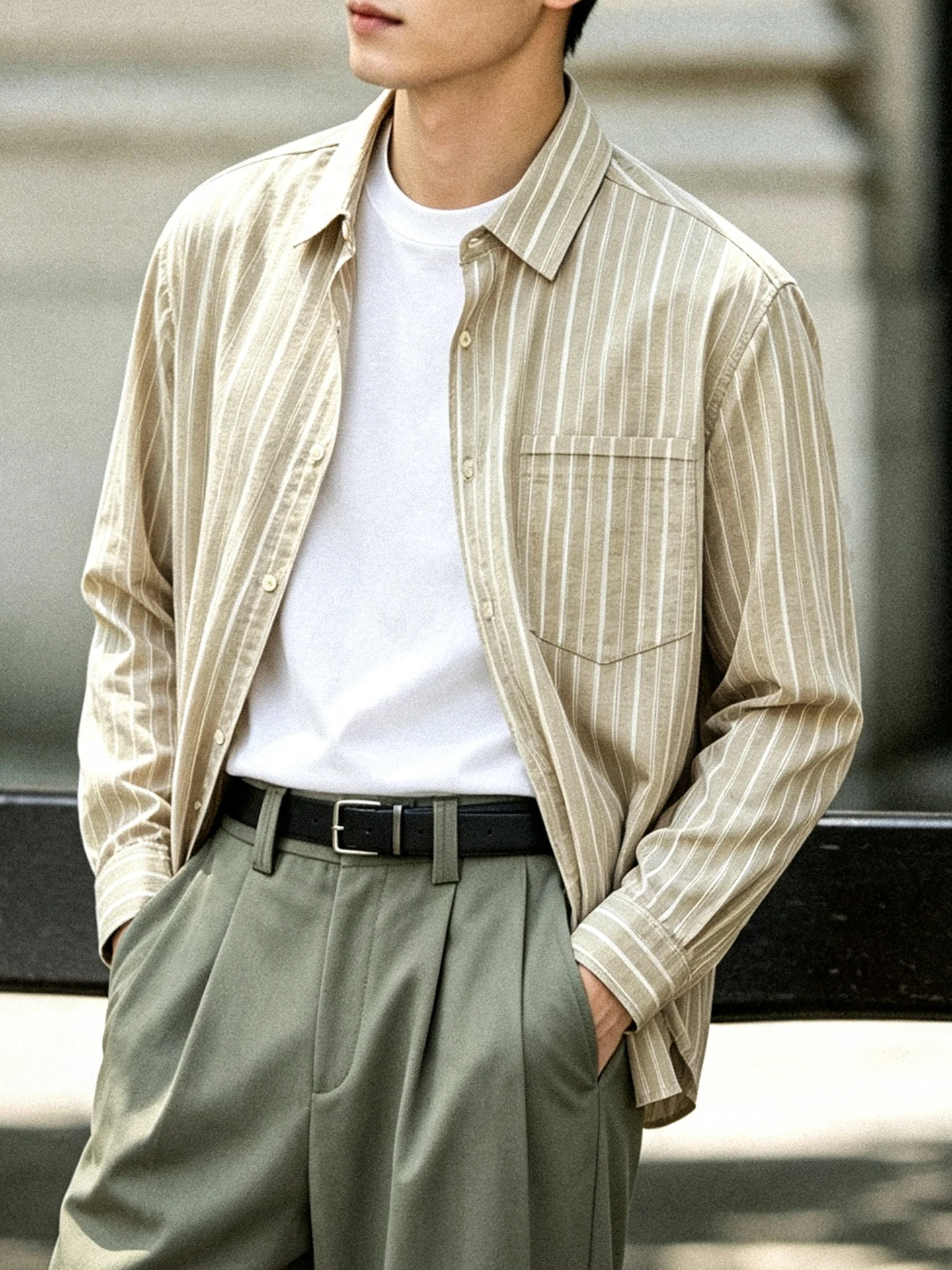 Casual Striped Shirt Men's Long Sleeve Commute Fashion Lenzing Blend Breathable Outerwear Autumn Season Youth Popular Loose Fit