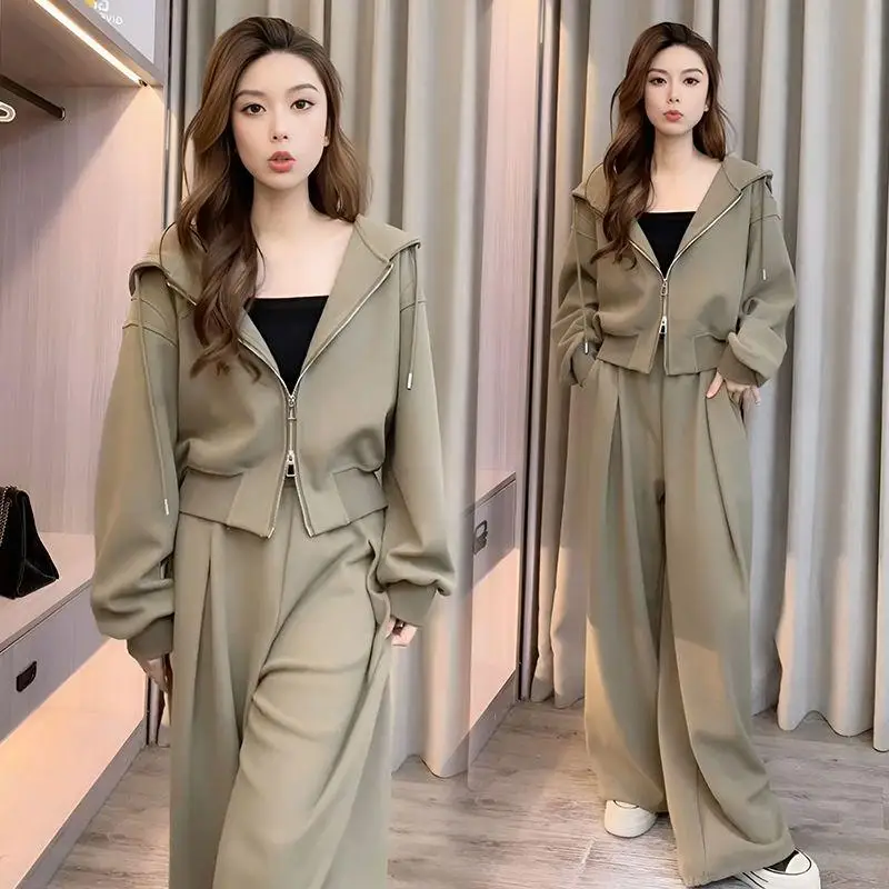 

Slimming Wide Leg Pants Casual Sportswear Set Women Early Spring 2026 New plus Size Thin Hoodie Long Pants Two Piece Set