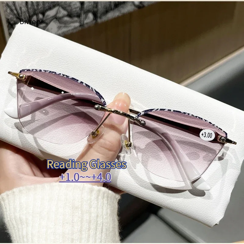 Luxury Rimless Reading Glasses for Women Fashion Far-sighted Eyewear Unisex Plus Diopter Anti-blue Light Prescription Eyeglasses