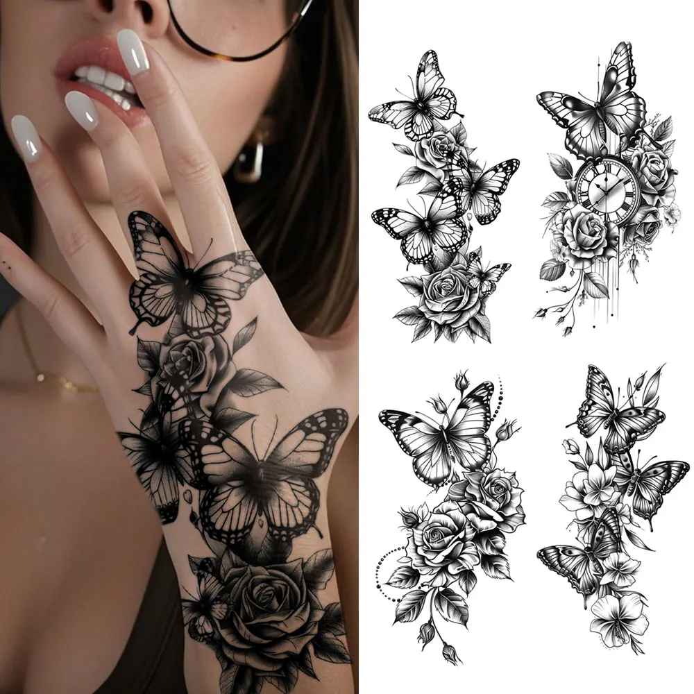 4pcs Waterproof Temporary Tattoo Sticker Black Butterfly Clock Rose Lily Peony Flower Body Art Arm Fake Tattoos Sleev Women Men