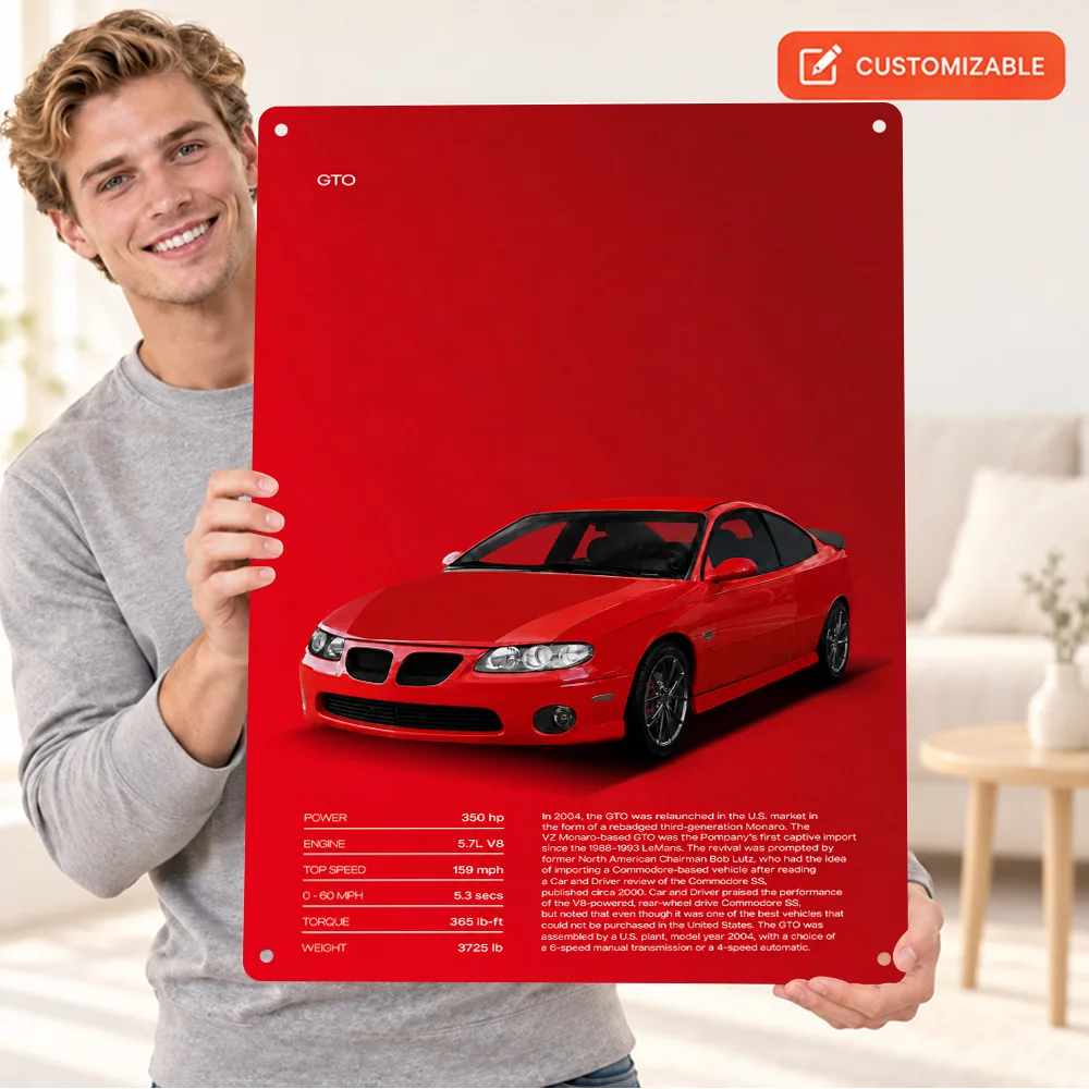 American Red GTO Car Aluminum Poster Customized Metal Sign Technical Graphic Design Wall Art For Home Garage Motoring Fan Gift