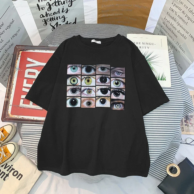 Harajuku Eyes Print T-Shirt for Men and Women, Short Sleeve, Y2K Streetwear Tops,  Vintage Gothic Black O-Neck Tee Shirts