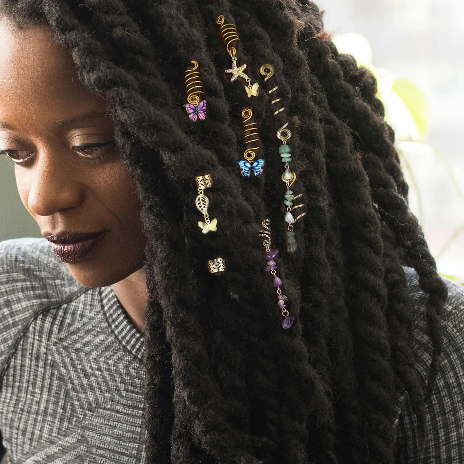 

31Pcs Dreadlock Hair Accessories for Women Braiding Pendants Stone Beads Braid Charms Pirate Jewelry Hair Cuffs Rings