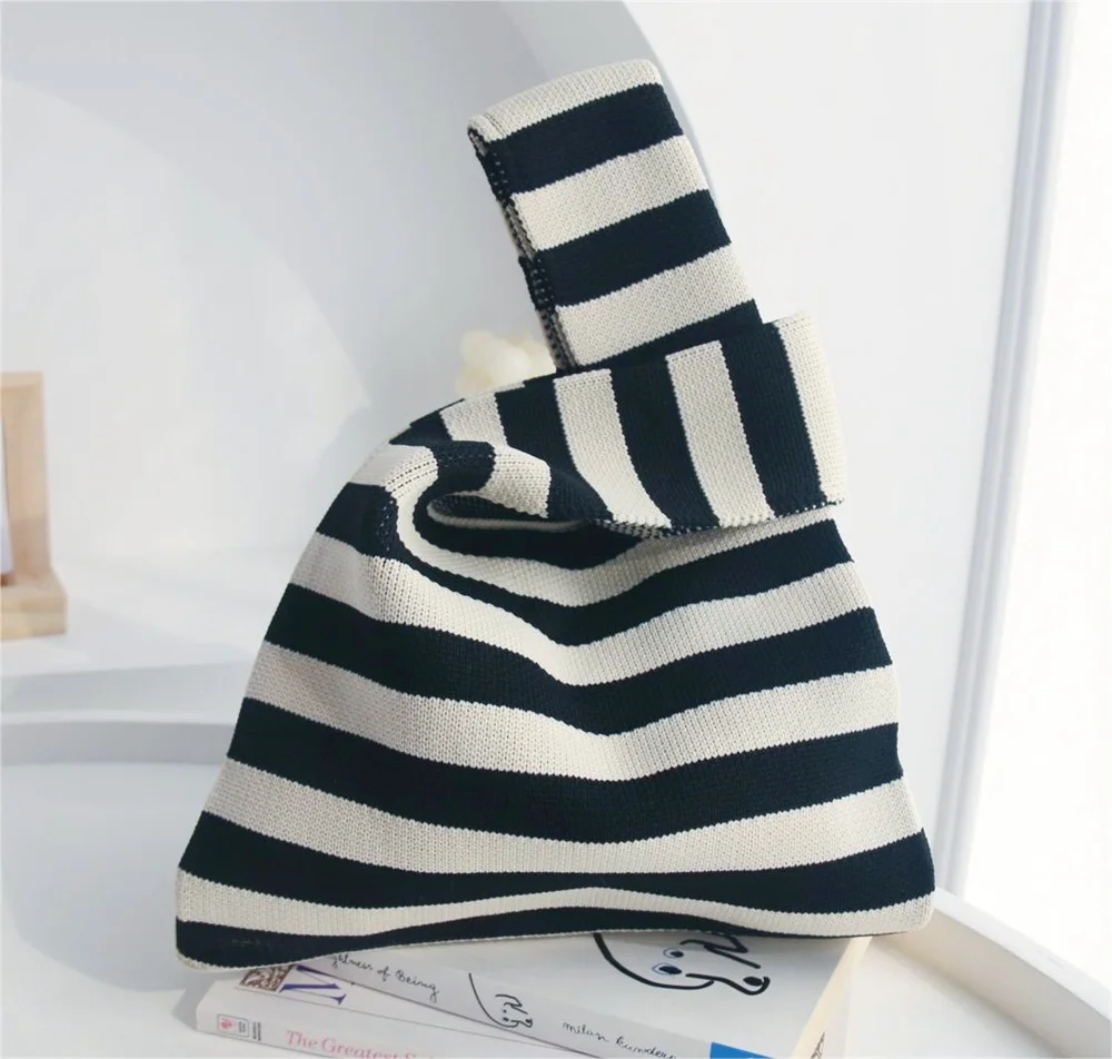 Original Design Stripes Knitted Bag Mini Knot Wrist Bag Japanese Casual Color Wide Stripe Tote Bag Handbag Phone Pouch Key Purse