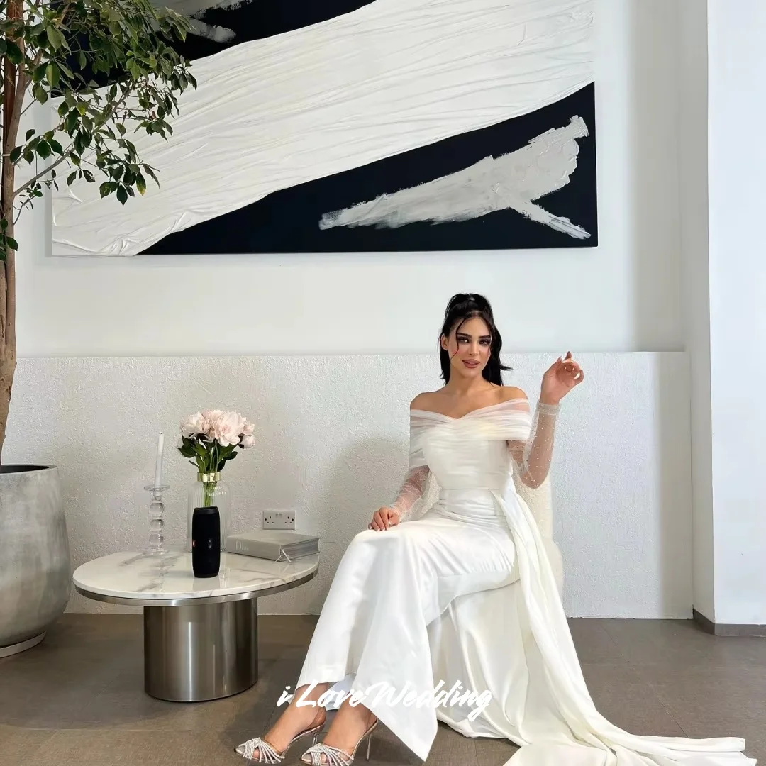 White Off Shoulder Evening Dresses 2025 Satin Long Sleeve Beaded Mermaid Ankle-Length Pleated Wedding Party Dresses Customized
