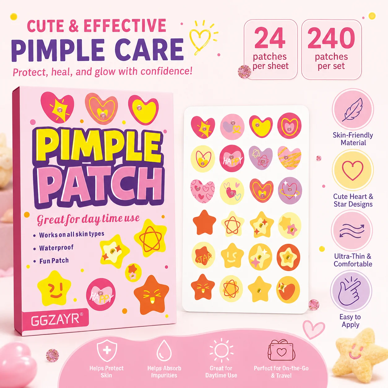 240PCS Cute Heart & Star Hydrocolloid Pimple Patches , Colorful Face Spot Stickers, Thin Comfortable Skin Care Patches
