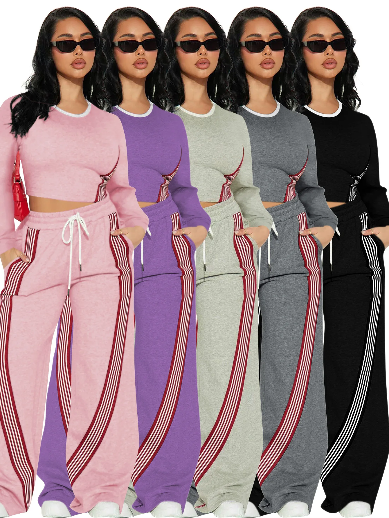 ชุดเซ็ทเสื้อยืดแขนยาวลำลองแฟชั่นผู้หญิงและกางเกงกีฬาลายทาง ชุดวอร์มสองชิ้น ฤดูใบไม้ร่วง ฤดูหนาว 2025