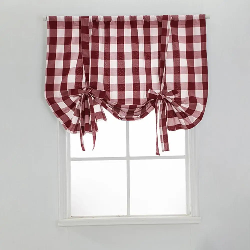 Bedroom Curtain Plaid Print Style Valance Curtain for Kitchen Bathroom Decor Sunshade Rod Type Window Treatment with Bow Detail