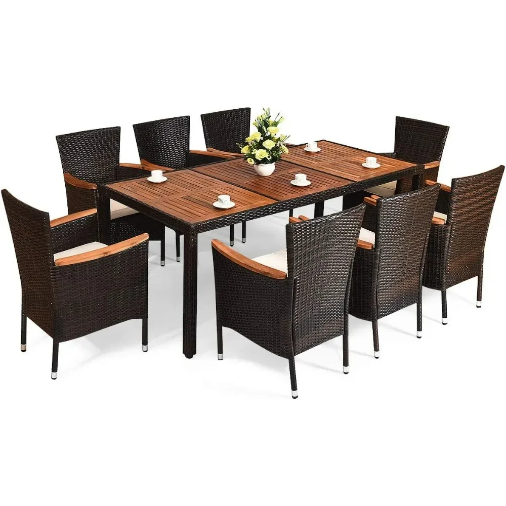 Outdoor Dining Set, W/Cushions, Furniture With Acacia Wood Table And Stackable Armrest Chairs,Garden Patio Wicker Set