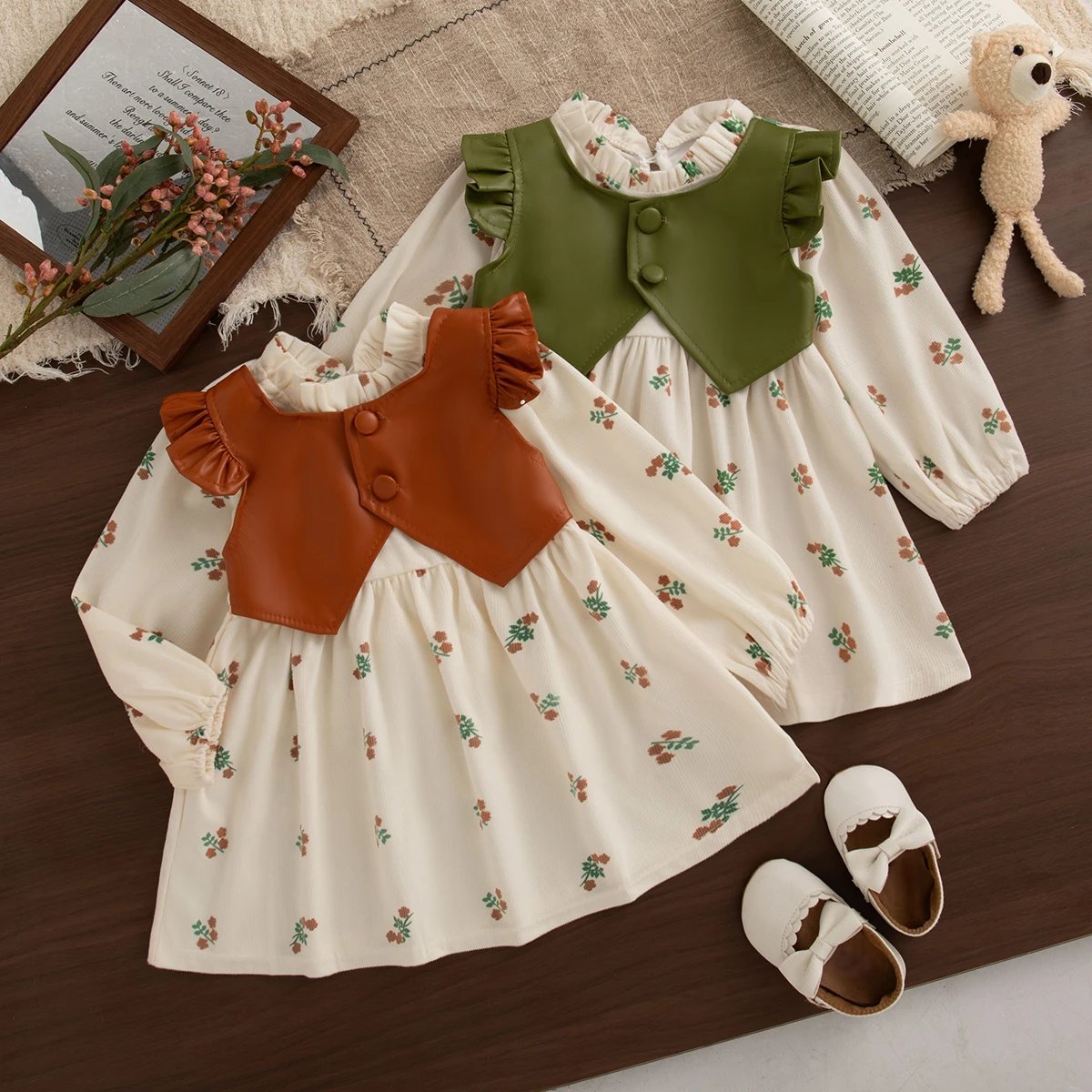 

Children's Dresses Spring And Autumn Floral Pattern Fake Two Pieces Leather Long-Sleeved Girls Dress Cute Casual Girl Costume