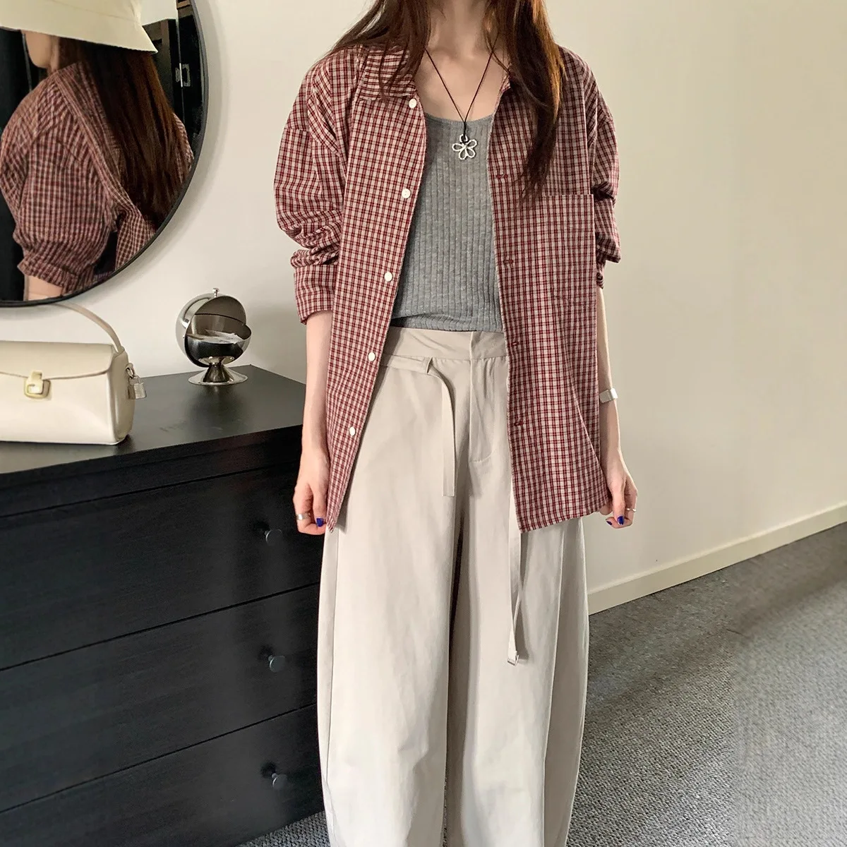 Red Plaid Shirt Autumn Women's 2025 New Loose Long-sleeved Shirt