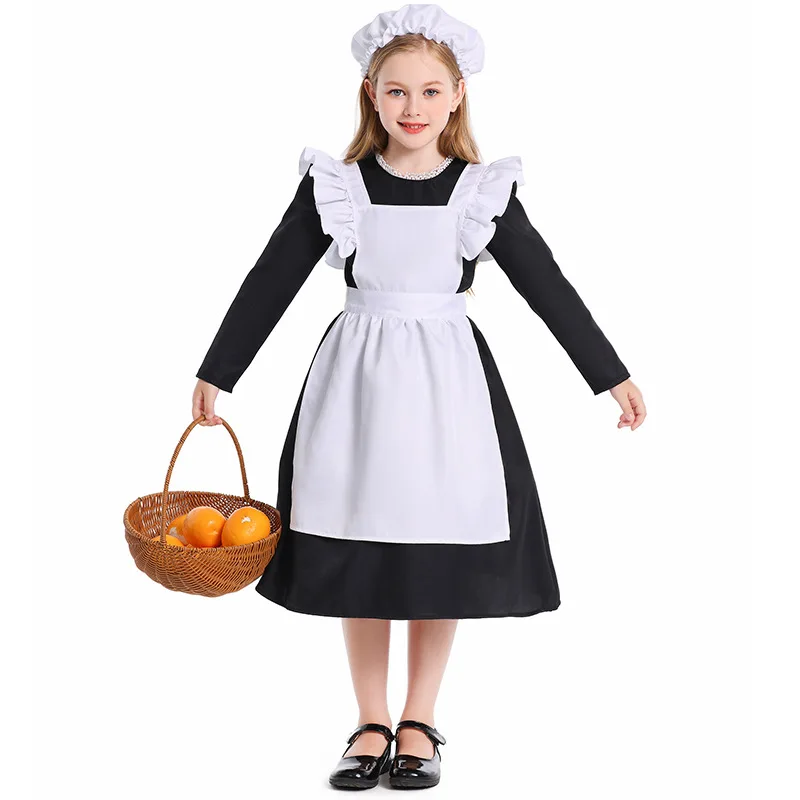 Vestido de sirvienta negro para niñas, disfraz de Cosplay, vestido de sirvienta de manga larga de granja campestre, traje de fiesta de jardinero de sirvienta francesa