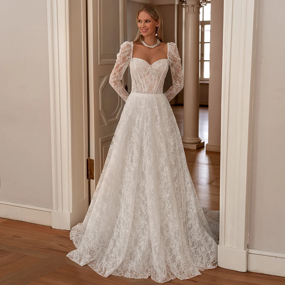 فستان الزفاف البوهيمي مخصص الدانتيل ساحة طوق قابل للتعديل طويلة الأكمام زي العرائس ألف خط تول فساتين الزفاف للعرائس