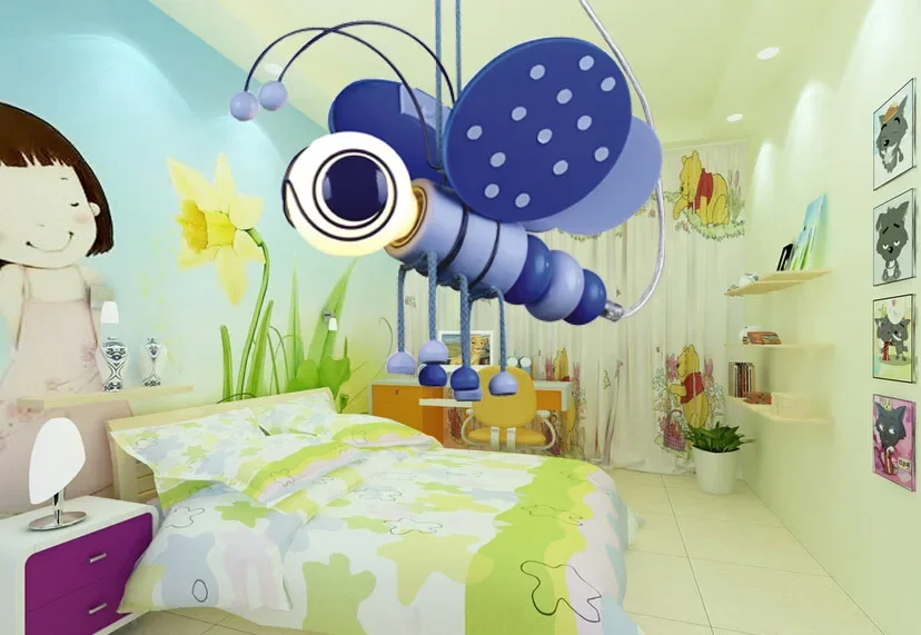 Retail Wholesale Modern Blue/Pink LED E14 Cartoon Bee Pendant Lamp For Children Bedroom Kids children's Night Lights