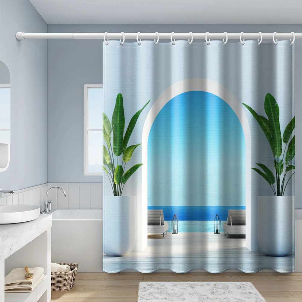 Blue Sky and White Clouds Sea Shower Curtain Bathroom Shower Curtain With Hook Waterproof Polyester Fabric Print Decor