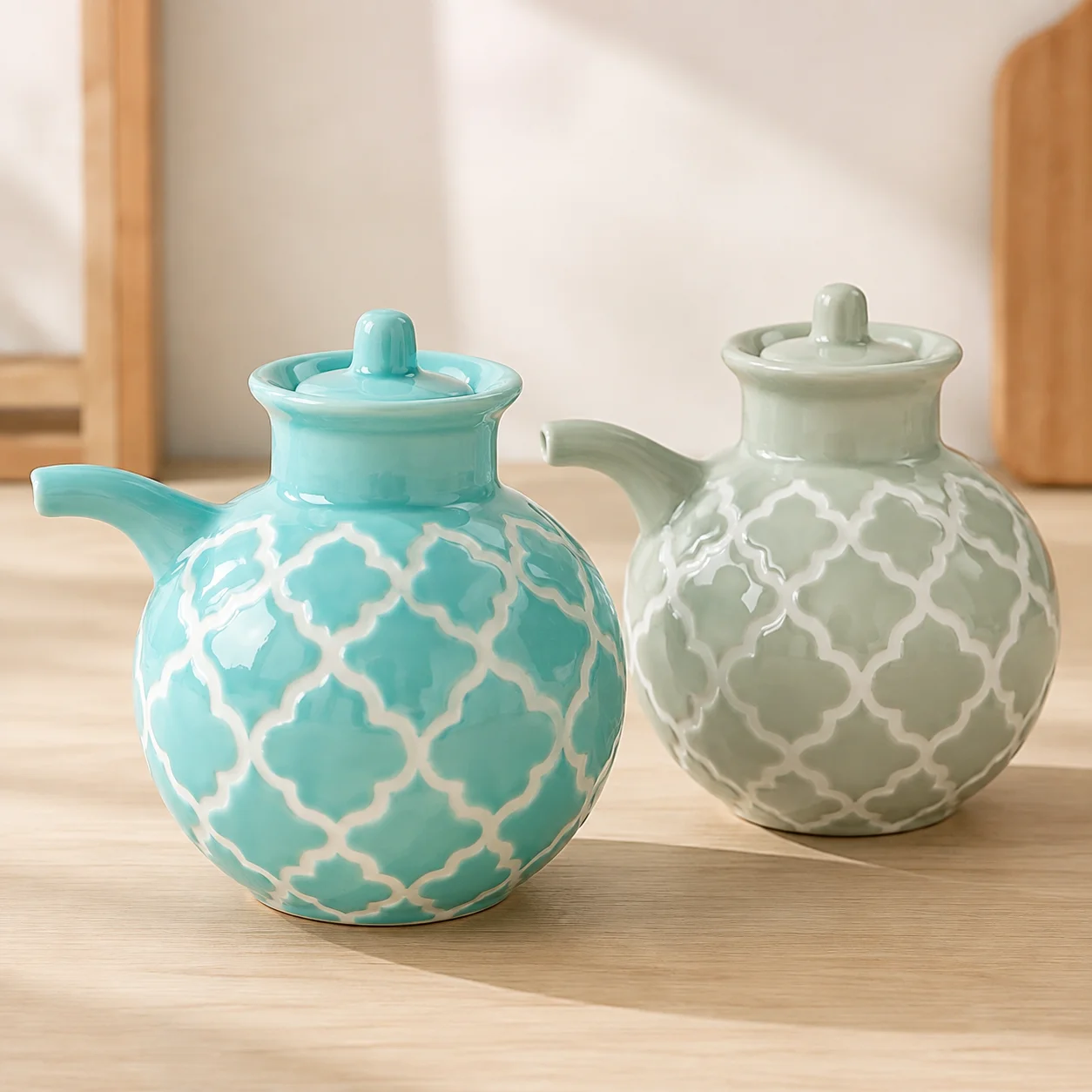 Vintage 300ml Turquoise Ceramic Pourer with Spout & Lid –5inch Moroccan Trellis Pattern, Premium Kitchen & Tableware