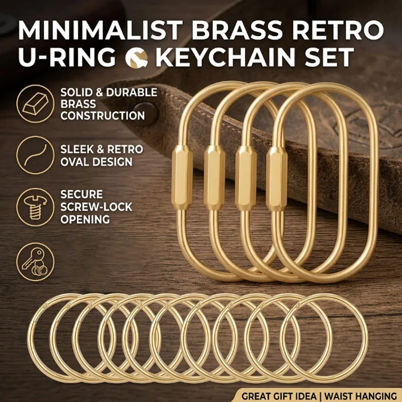 Elegant Brass Minimalist Metal Key Ring Drop Shaped U Ring Vintage Style Keychain Waist Belt Hanging Gift Set