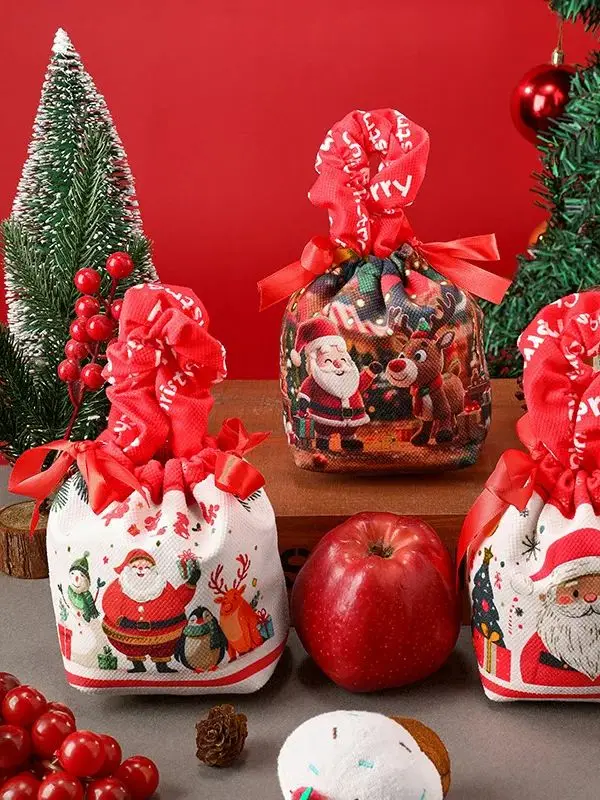 

10x16cm 1pcs High Quality hand-held portable drawstring apple bags Christmas pouches Decoration Cartoon Christmas Gift Handbag
