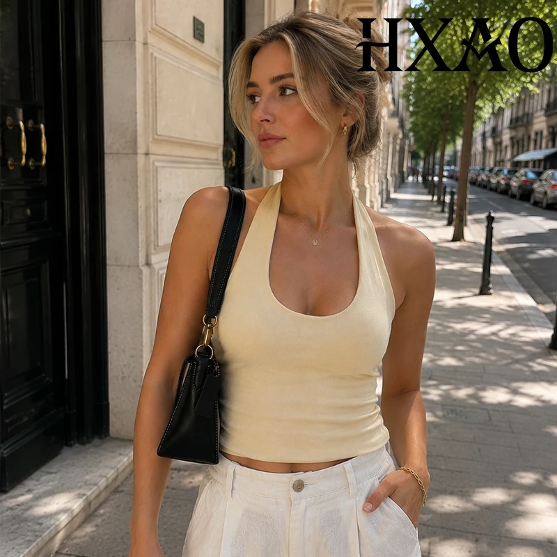 HXAO Gestricktes Tanktop für Damen, schulterfreies Crop-Top, Neckholder-Top, Sommer-Camisole 2026, Damen-Abendkorsett, gelbes Top, rückenfreie Weste