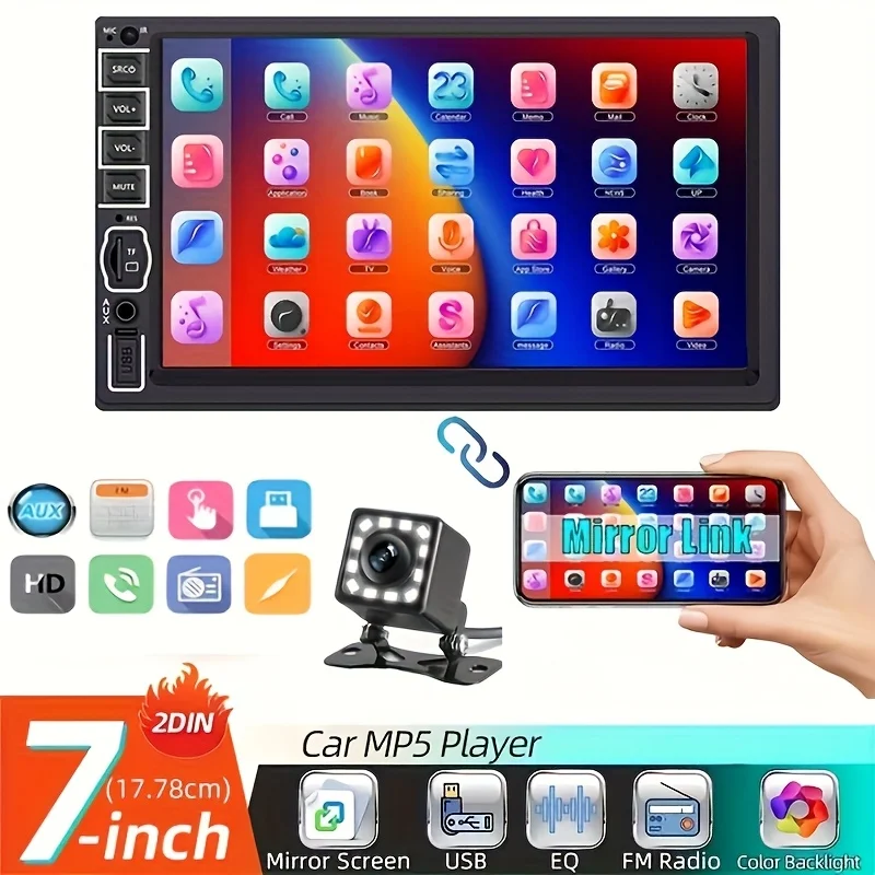 

7-Inch HD Car Stereo Radio 2 Din MP5 Multimedia Player with 12LED Backup Camera FM/USB/AUX, SD Function Supporting Mirror Link