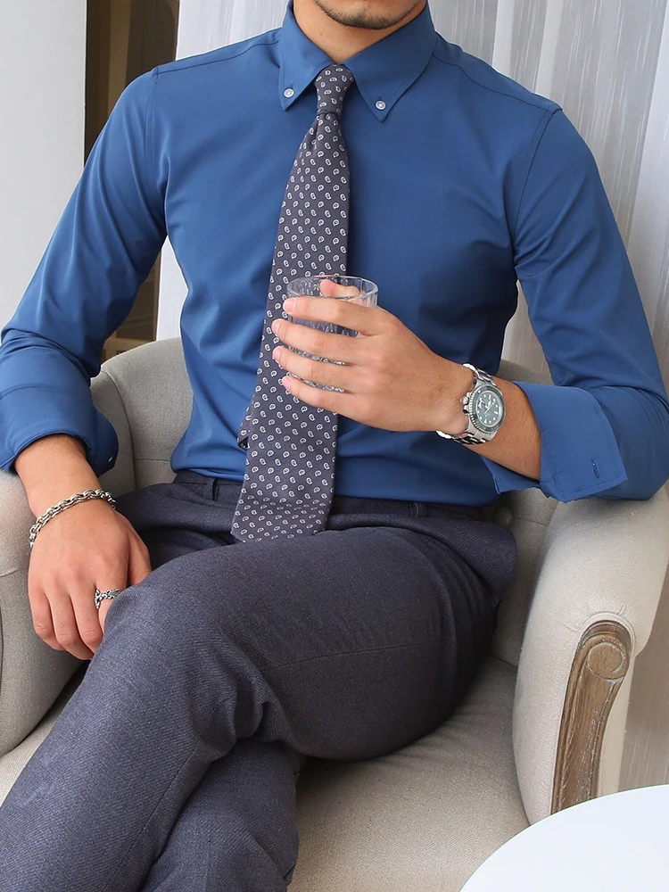 High-End Korean Style Business Pure Color Large Pointed Collar Shirt Youth British Style Non-Ironing Shirt Men's Fashion