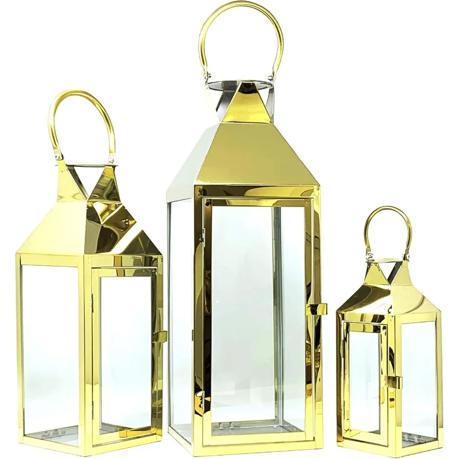 طقم فانوس مكون من 3 قطع مقاس 24 بوصة جامبو ديلوكس حديث للاستخدام الداخلي والخارجي مع إطار من الفولاذ المقاوم للصدأ ذهبي وزجاج مقسى #1