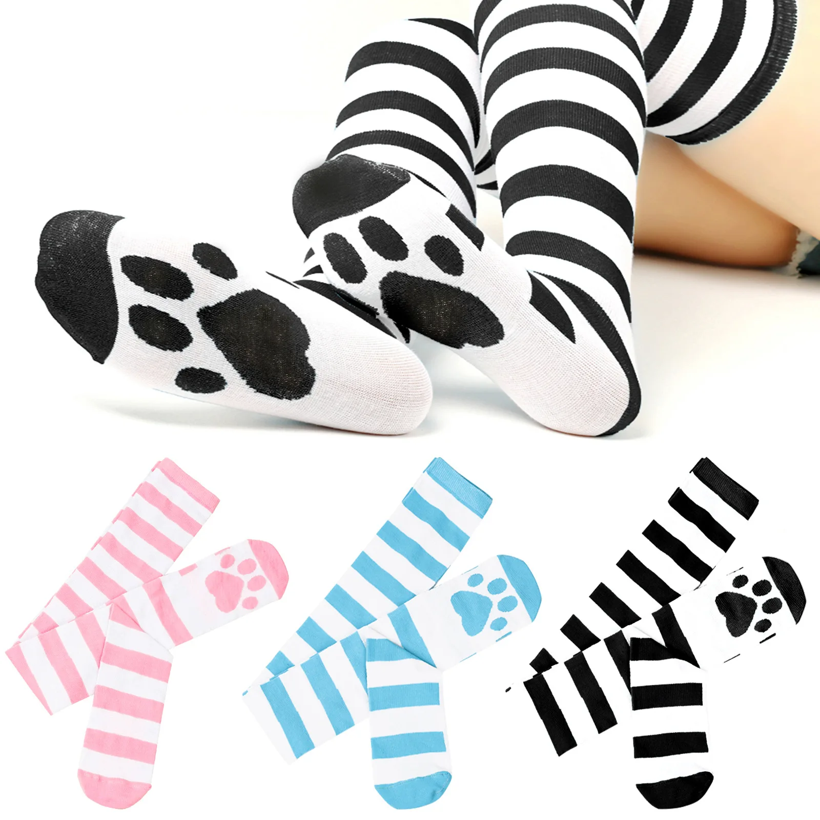 1Pair Knee-High Stocks Cute Cat Paw Pattern Thigh High Sock Fashion Cotton Jk Stripes Long Socks Female Over The Knee Stocks