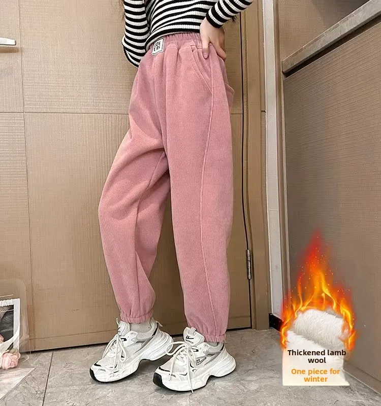 Thiened pele de cordeiro fce meninas calças inverno quente calças casuais das crianças inverno faion commute sle meninas calças compridas