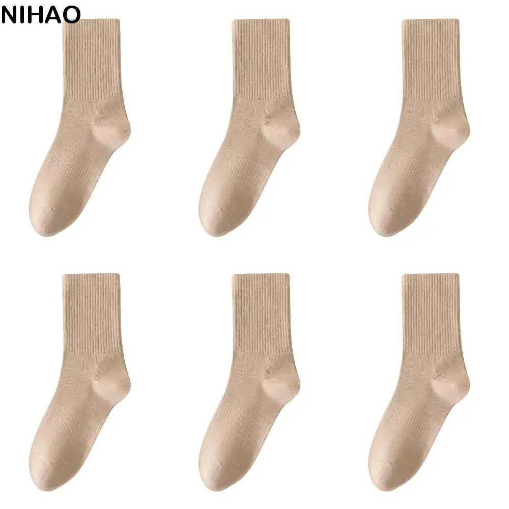 

6Pairs Fashion Simple Cotton Socks Sweat-absorbing Soft Medium Tube Socks Breathable Comfortable Solid Color Socks School
