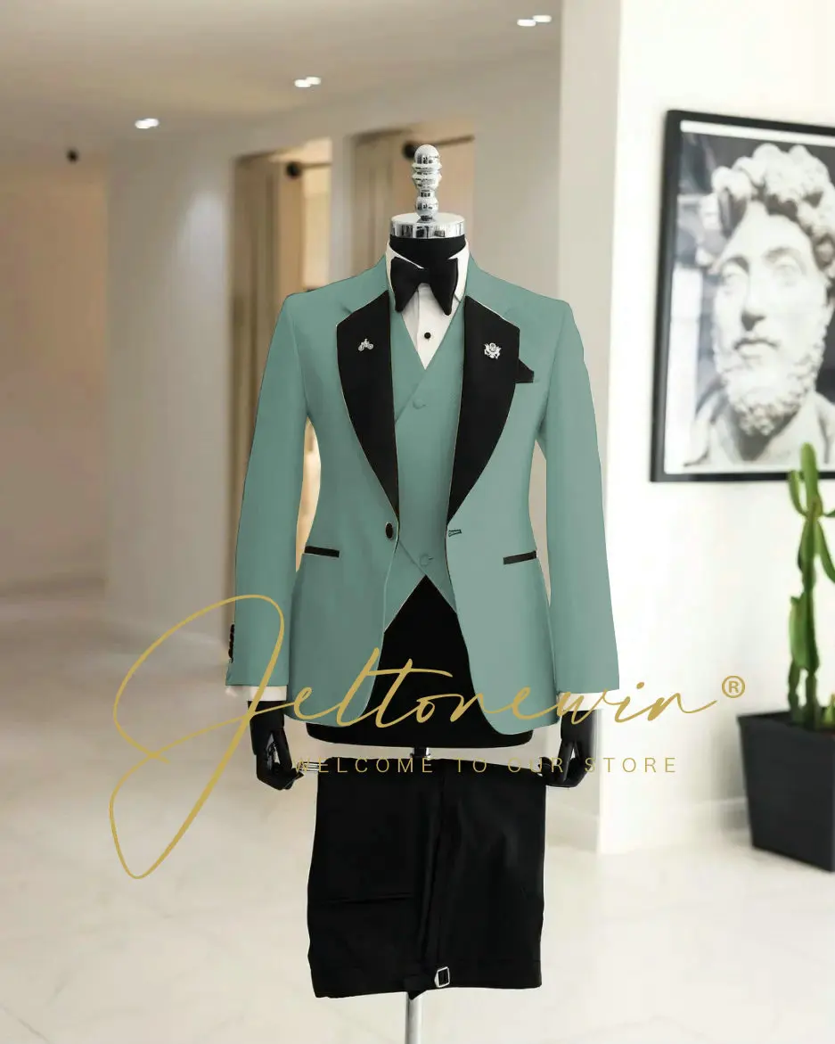 Light Green Suit for Men Wedding Tuxedo Formal Jacket Pants Vest 3-piece Set Peak Lapel Outfit Slim Blazer Fashion Men's Suit