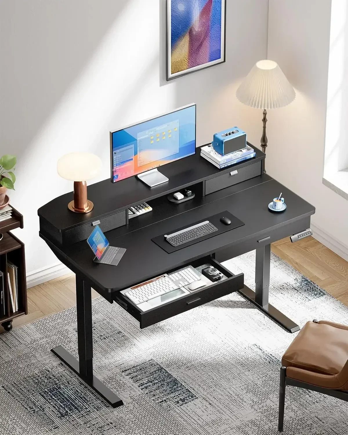 48 x 30 inch Electric Standing Desk with Wood Drawers, Adjustable Height Sit Stand Home Office Desk with Two Tiers, Ergonomic Ad