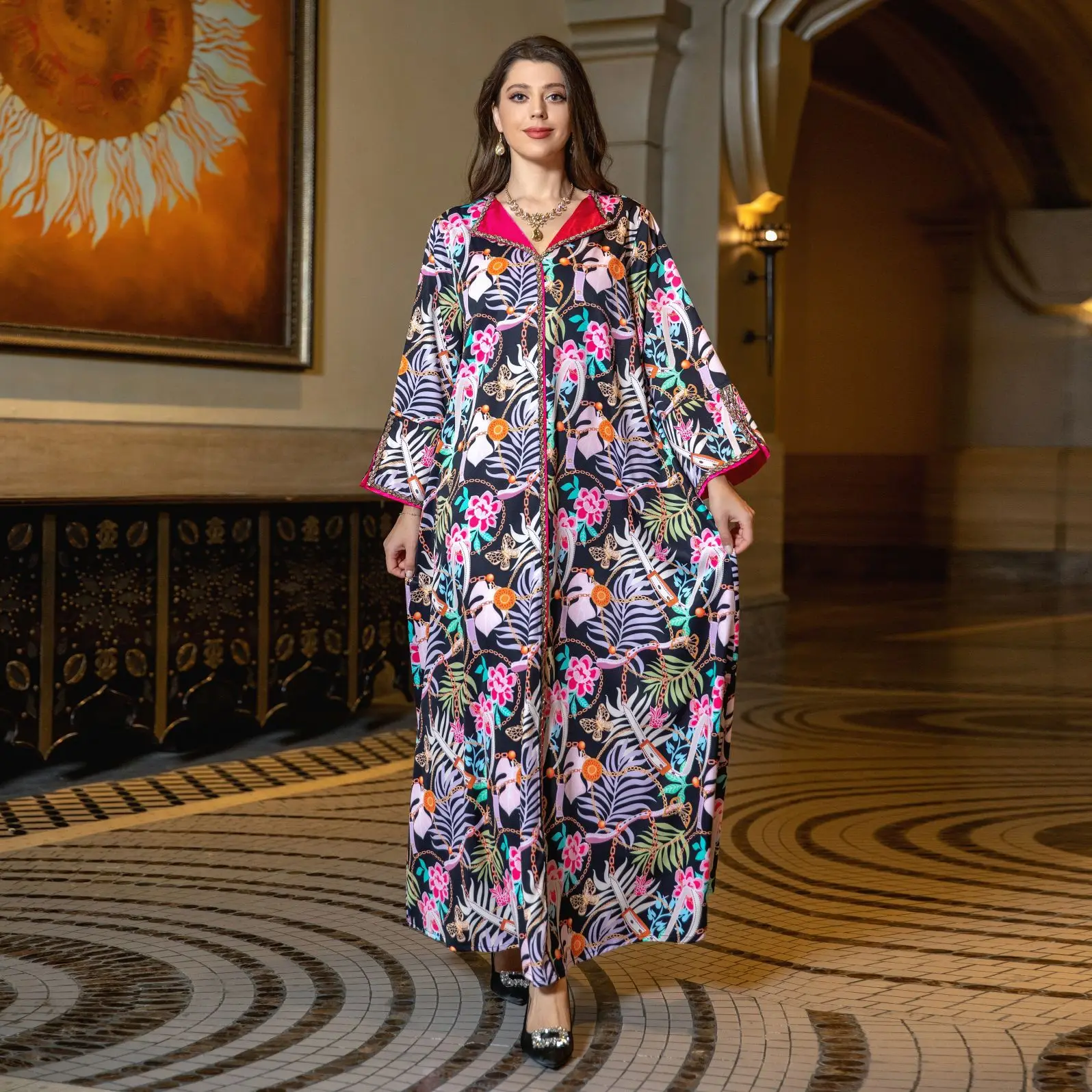 

Ramadan India Muslim Dress Women Eid Floral Print Abaya Dubai Vestidos Moroccon Kaftan Islamic Robe Jalabiya Elegant Dresses