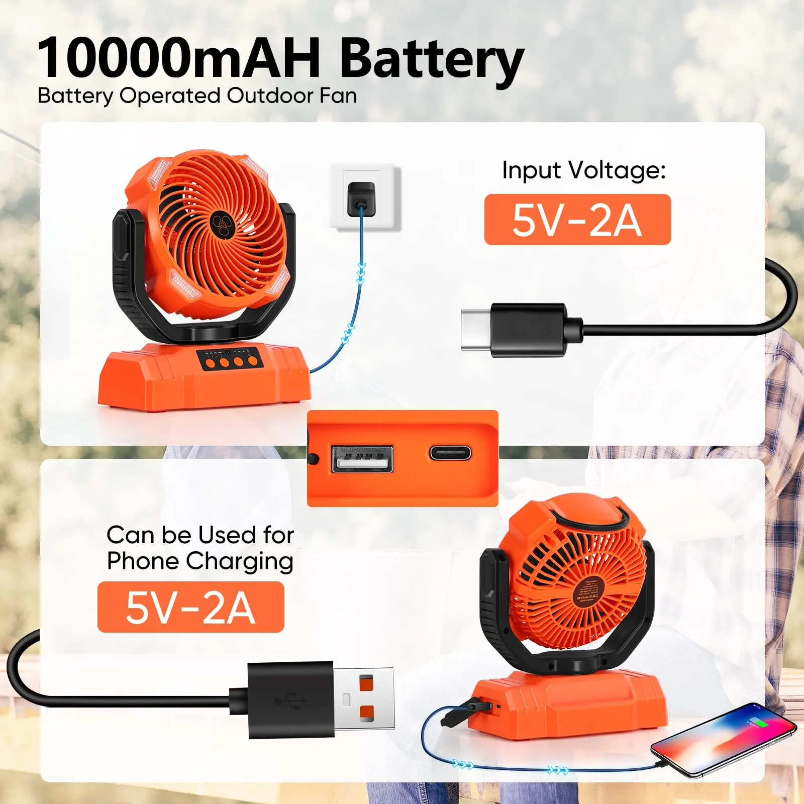 Portable Tent Fan Rechargeable Camping Fan with LED Lantern USB Power Bank Hanging Fan for Outdoor Use