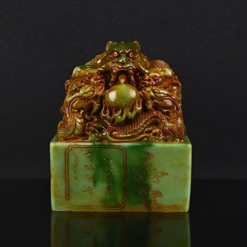 Vintage Five Dragons Play Pearl Jade Imperial Seal Hand Carved Artificial Stones Stamp Ornament Feng Shui Sculptures