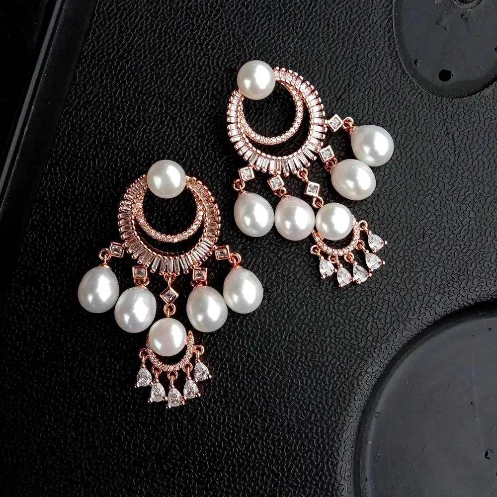 Y·YING New Hyperbole Real White Pearl Chandelier Earrings Cz Pave Rose Gold Plated Earring