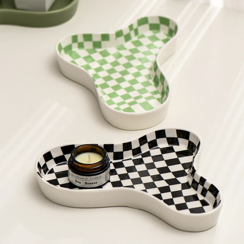 Nordic jewelry storage tray creative black white checkerboard irregular ceramic trays decorative dessert plate home decoration