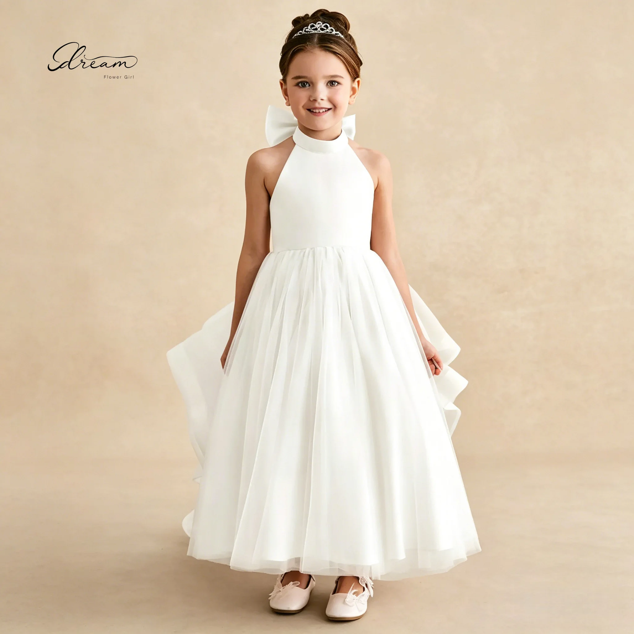 

White Halter Neck Flower Girl Dress with Big Bow Satin Bodice Tulle Skirt Kids Wedding Party Brithday Gown
