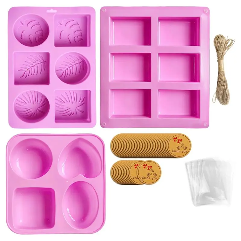 Moldes ABUÍ para hacer jabón, incluyen 50 bolsas, 50 etiquetas, 66 pies de hilo de yute, moldes redondos, cuadrados y ovalados para jabón con forma de flor.