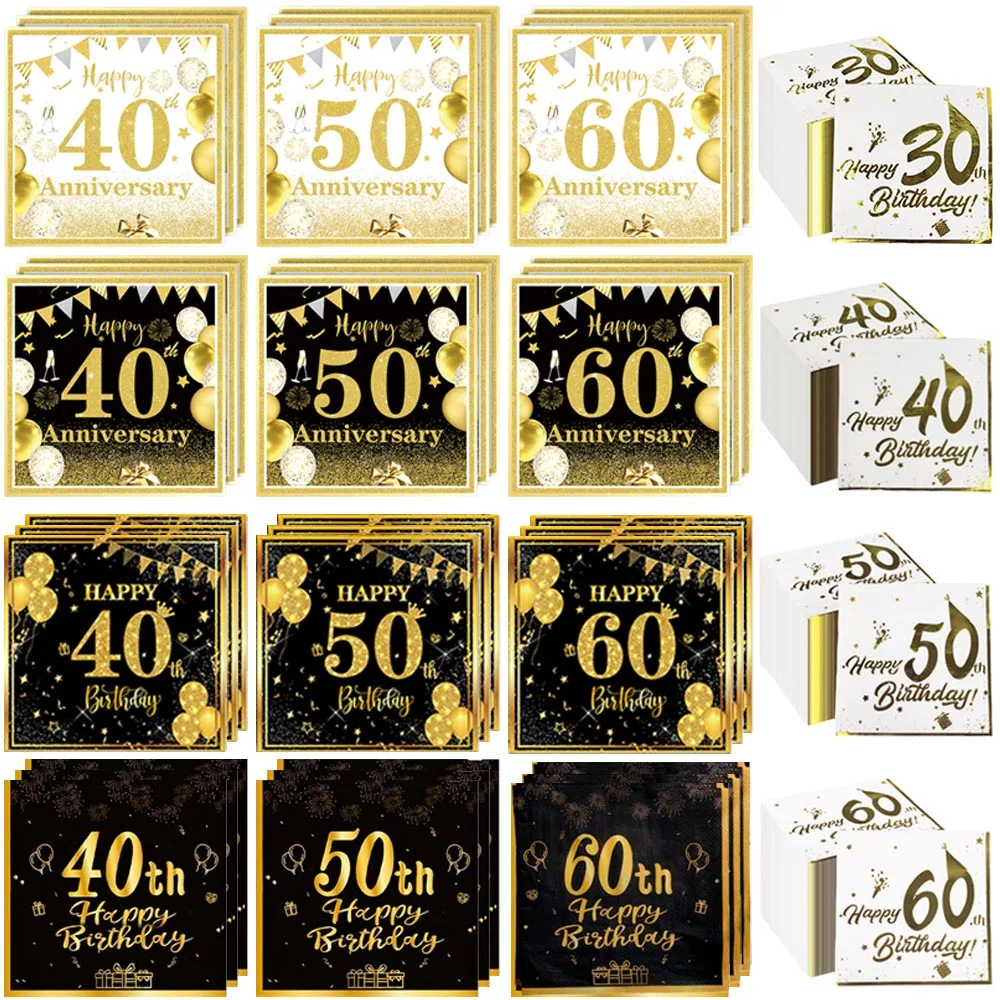 20-100 Stück Cocktail-Servietten zum 40. und 60. Geburtstag, Schwarz-Gold und Weiß-Gold, Dinner-Servietten, Hochzeitsjubiläum, Geburtstagsfeier-Deko – Detail 1